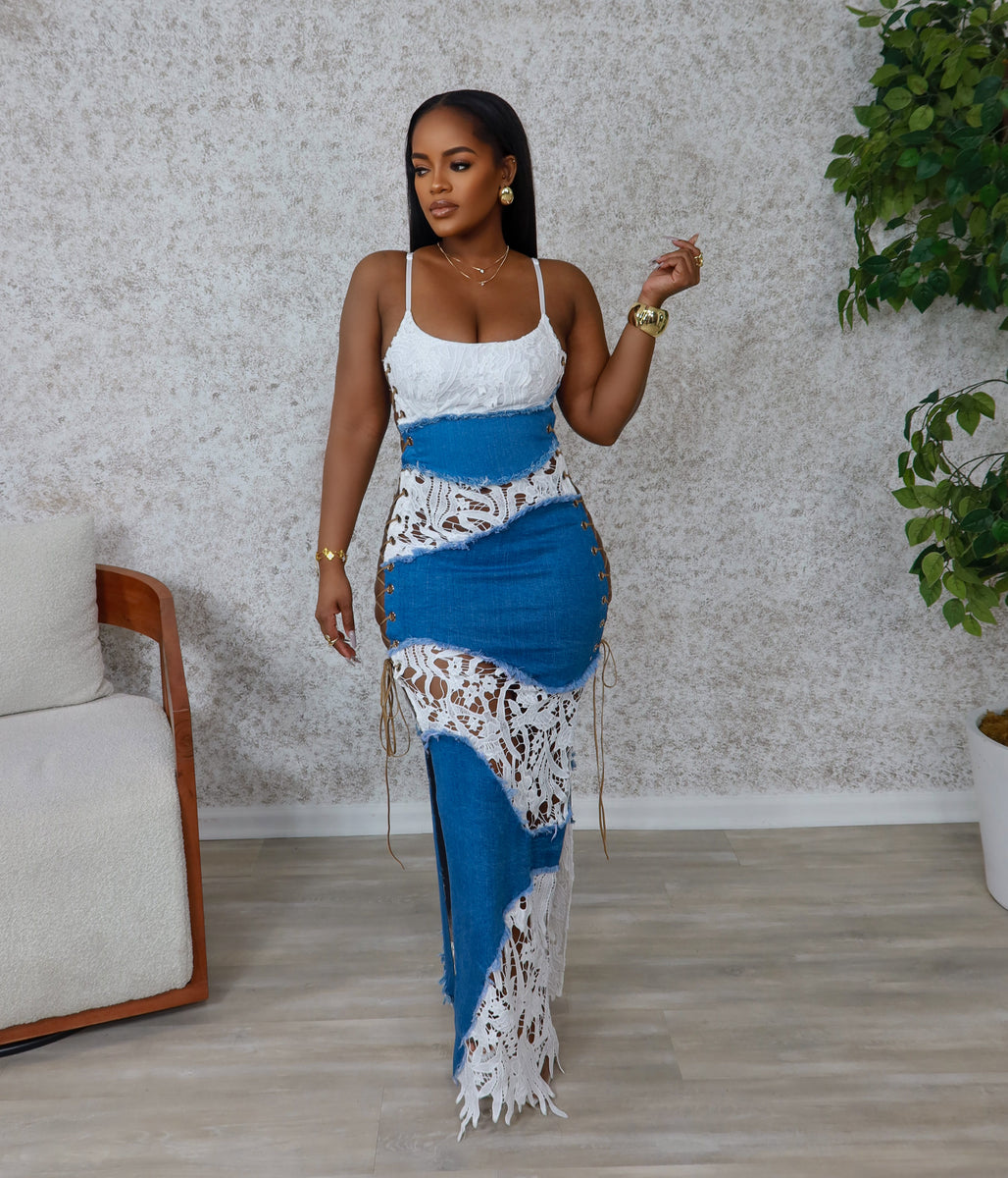 chinese dress ladies Lace Me Up Maxi dress (Dark Denim)