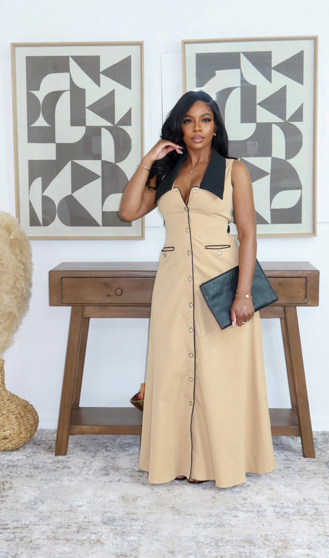 Tabia Maxi Dress (Taupe/Black)