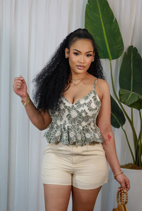 Yanzi Embroidery Shorts Set (Beige) - Fitz Clothing