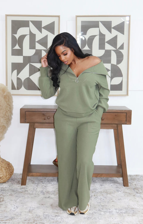Zera High Neck Pants Set (Olive)