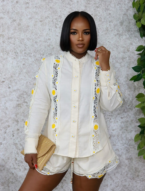 Sunflower Glow Shorts Set (Beige)