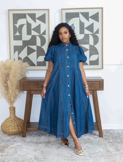 Carvel Bubble Sleeve Denim Maxi Dress - Fitz Clothing