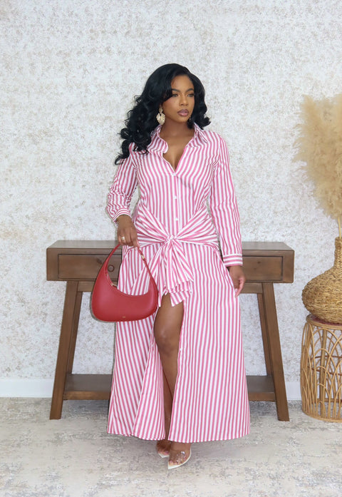 Hanna Pinstripe Shirt Dress (Red) - Fitz Clothing