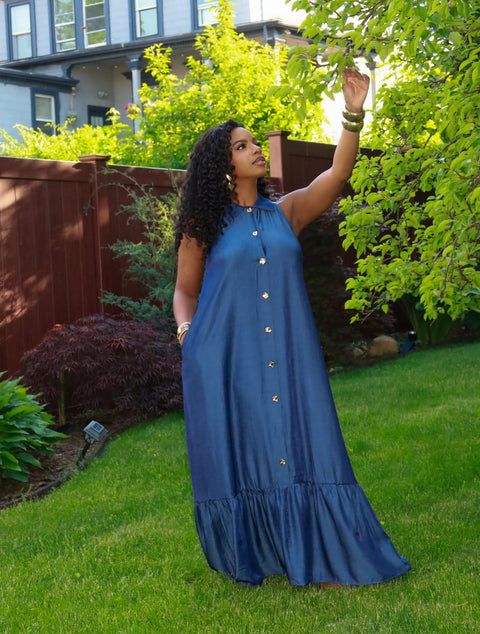 The Graceful Flow Maxi Dress(Denim Blue) - Fitz Clothing