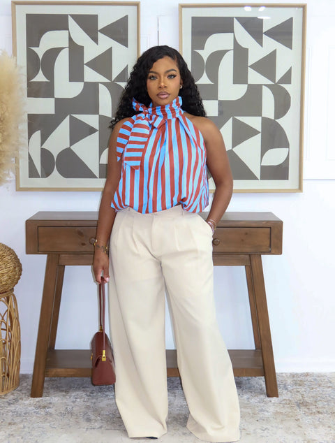 She Glam High Neck Top (Blue/Rust) - Fitz Clothing