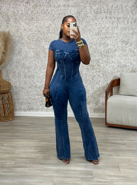 Mira Ribbed Jumpsuit (Navy Blue)