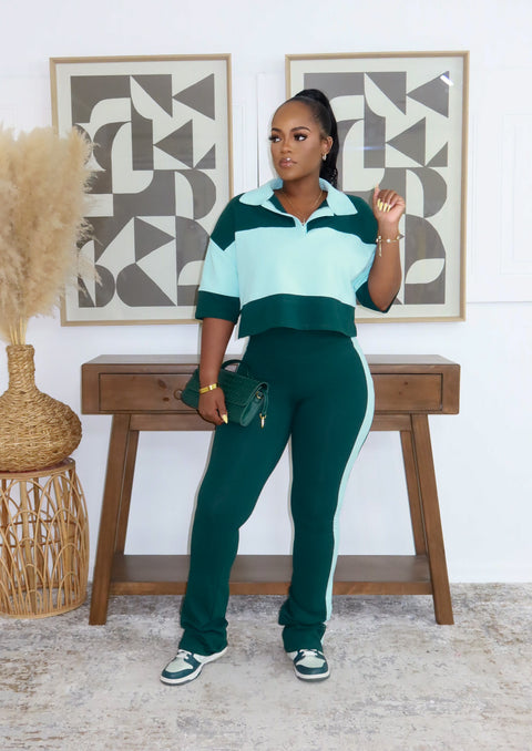 Fresh Energy Color Block Pants Set (Hunter Green/ BabyBlue) - Fitz Clothing