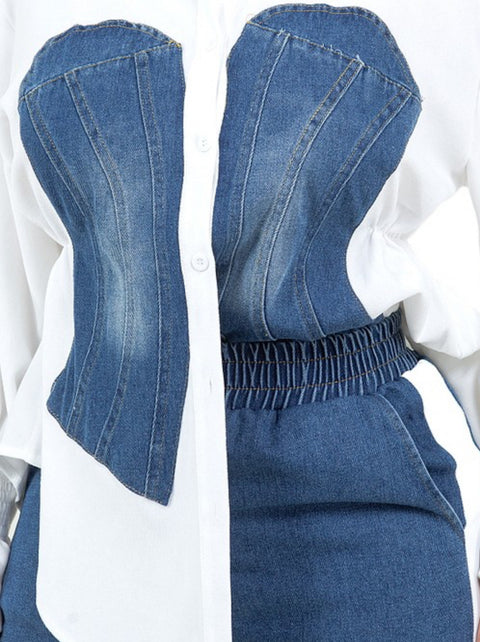 Brit Denim Pants Set (Blue/White)