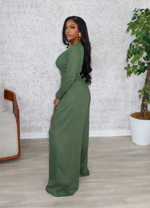 Glitzy Linen Pants Set (Olive)