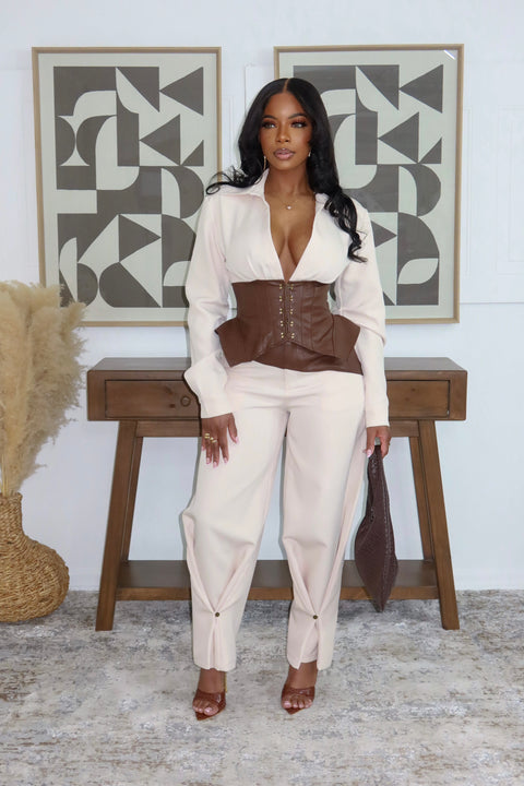 The Hit Girl Pants Set (Brown/Cream) - Fitz Clothing