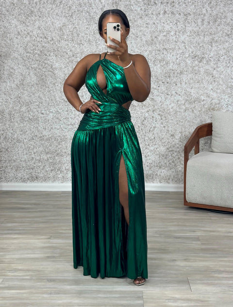 Moya High Split Metallic Gown (Green)