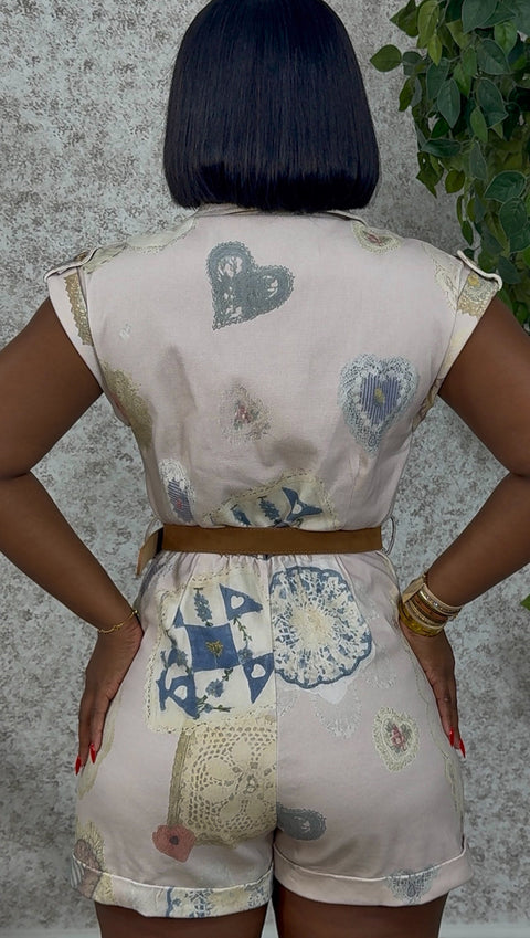 Antique Bloom Denim Romper (Light Pink Multi)