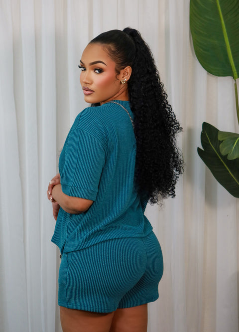 Tiara Ribbed Shorts Set(Teal) - Fitz Clothing