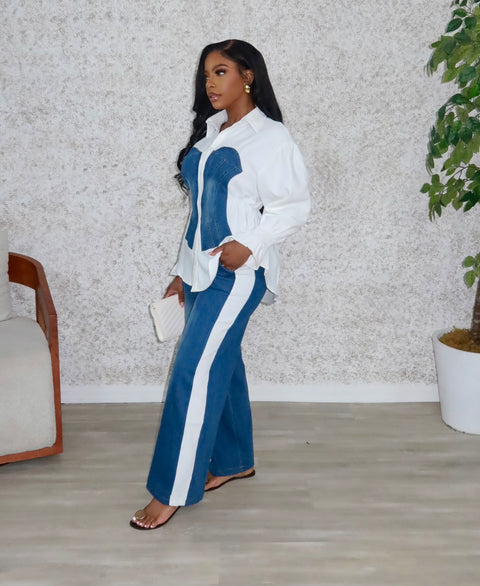 Brit Denim Pants Set (Blue/White)