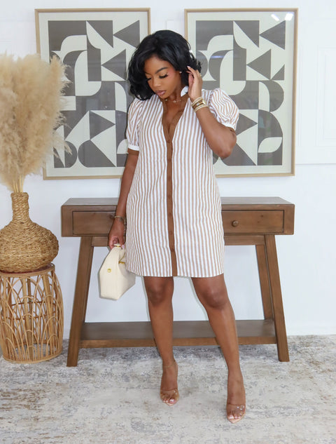 Alison Pink Stripe Shirt Dress (Mocha)