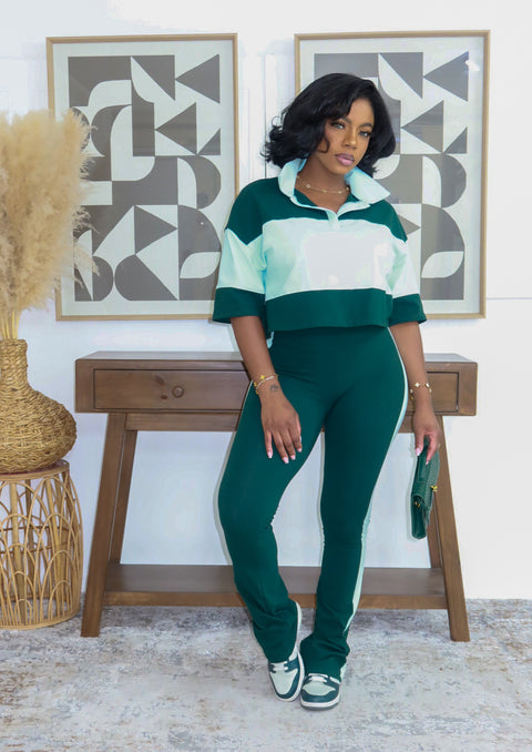 Fresh Energy Color Block Pants Set (Hunter Green/ BabyBlue)