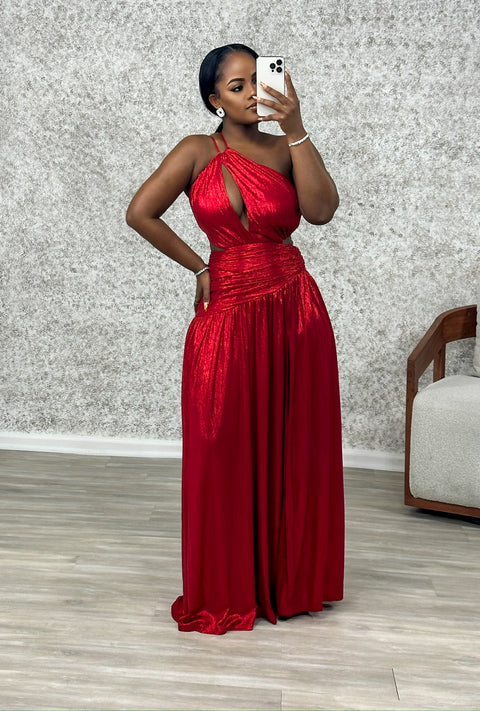 Moya High Split Metallic Gown (Red)