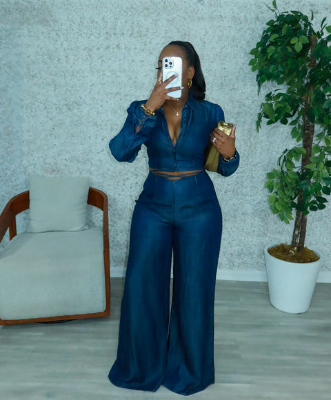 Athia Denim Pants Set(Dark Denim)