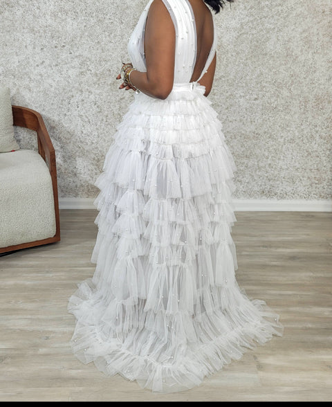 Elegant Pearls Maxi Dress (White)