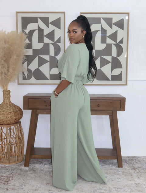 Fiona Side Slit Pants Set (Sage)