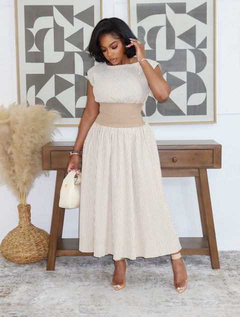 Sovereign Stripe Midi Dress (Mocha/Cream)