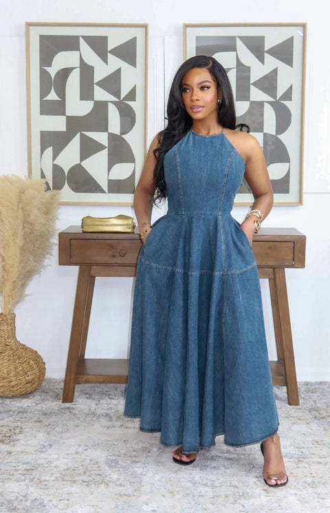 Dalia Denim Maxi Dress (Dark Denim) - Fitz Clothing