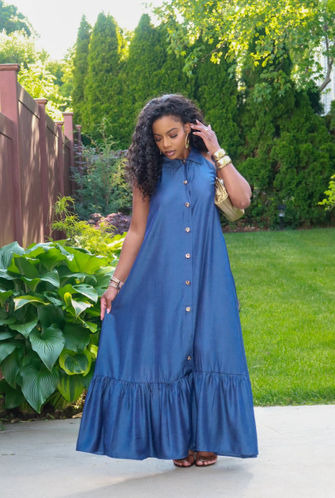 The Graceful Flow Maxi Dress(Denim Blue) - Fitz Clothing
