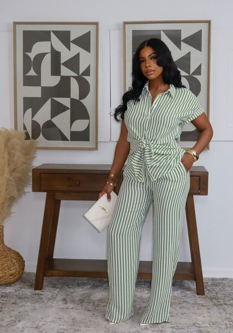 Priya Front Knot Tie Pants Set (Sage stripe) - Fitz Clothing