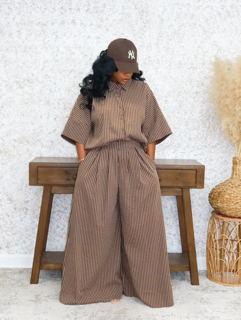 Polio Pinstripe Pants Set (Brown) - Fitz Clothing