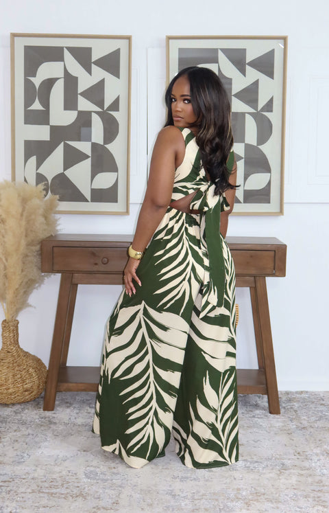North Coast leaf Print Jumpsuit (Olive) - Fitz Clothing