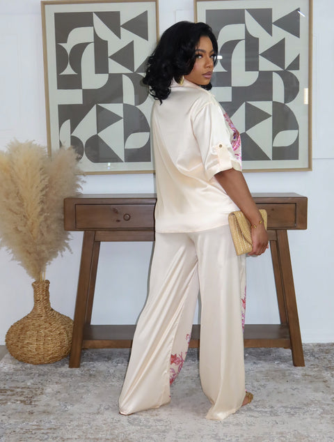 Whispering Petals Pants Set (Beige)