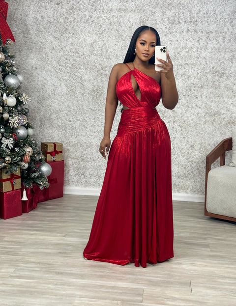 Moya High Split Metallic Gown (Red)