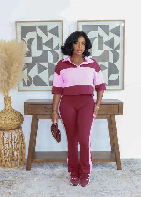 Fresh Energy Color Block Pants Set (Burgundy/Pink)
