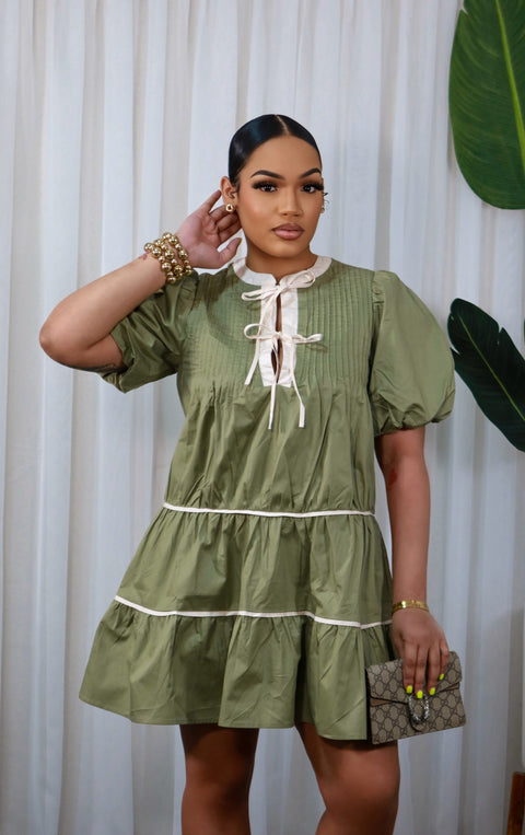 Mia Baby Doll Mini Dress (Sage)