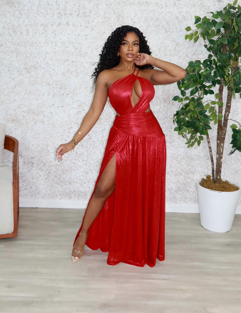 Moya High Split Metallic Gown (Red)