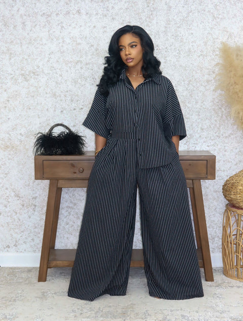 Polio Pinstripe Pants Set (Black) - Fitz Clothing