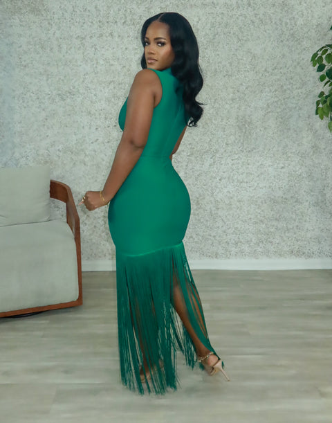 Hour Glass Bandage Fringe Dress (Emerald Green)