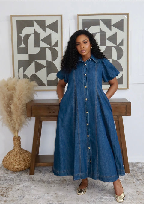 Carvel Bubble Sleeve Denim Maxi Dress - Fitz Clothing