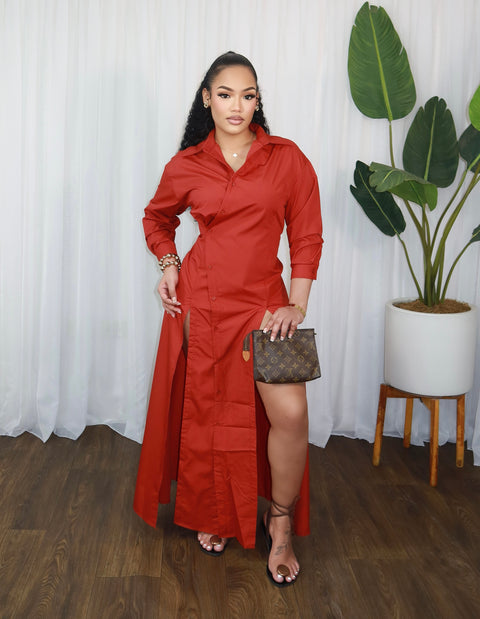 Que Double Slit Shirt Dress (Burgundy/Rust) - Fitz Clothing