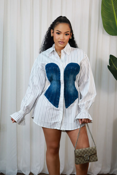Denim Insert Shirt Dress (White/Blue) - Fitz Clothing
