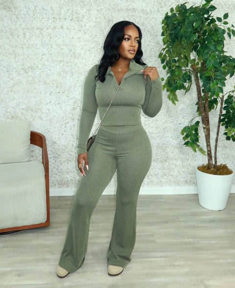 Trina Ripped Long Sleeve Set (Olive Green)