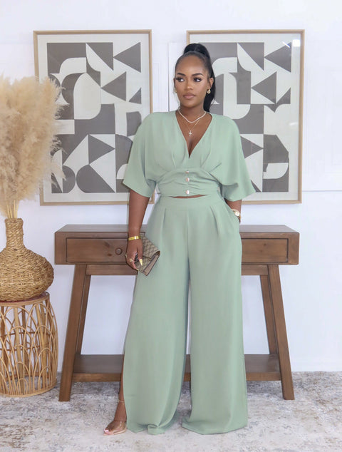 Fiona Side Slit Pants Set (Sage)