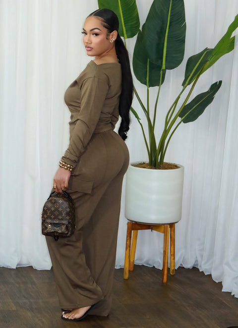 Boat Neckline Pants Set (Olive)