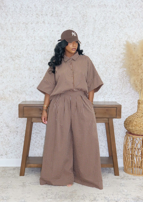 Polio Pinstripe Pants Set (Brown) - Fitz Clothing