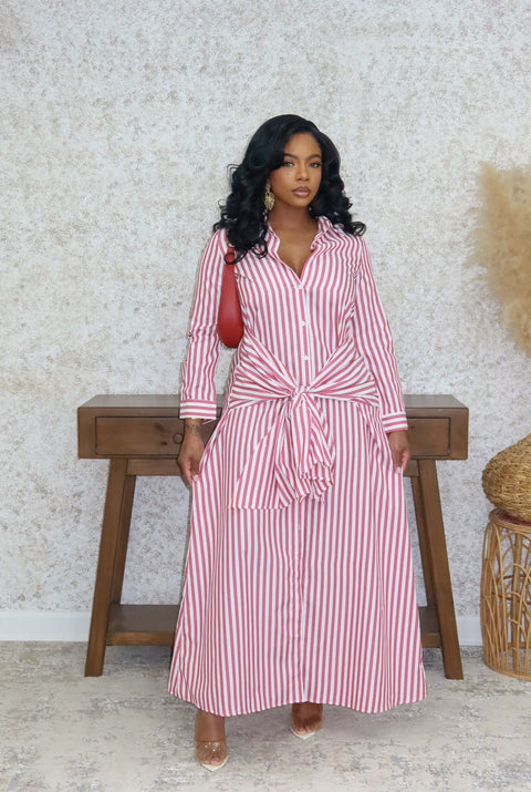 Hanna Pinstripe Shirt Dress (Red) - Fitz Clothing