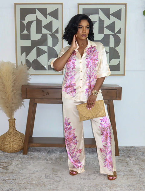 Whispering Petals Pants Set (Beige)