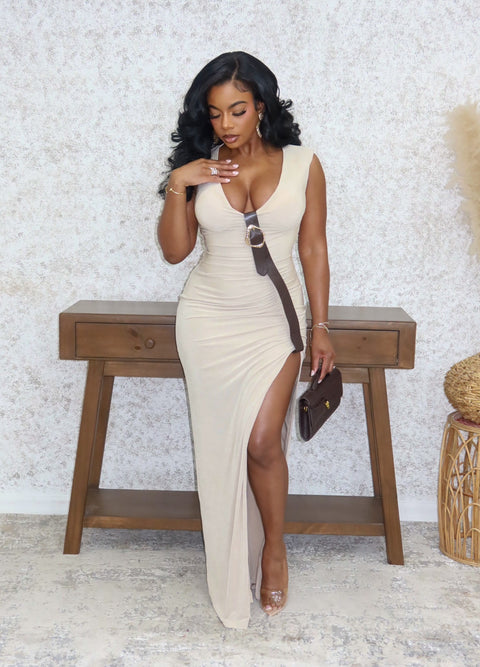 Belted Temptation Maxi Dress(Natural)