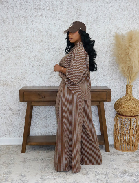 Polio Pinstripe Pants Set (Brown) - Fitz Clothing