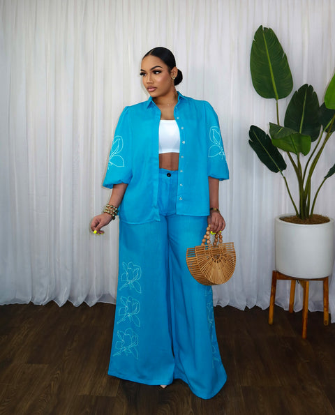 Bloom In Grace Pants Set (Blue) - Fitz Clothing