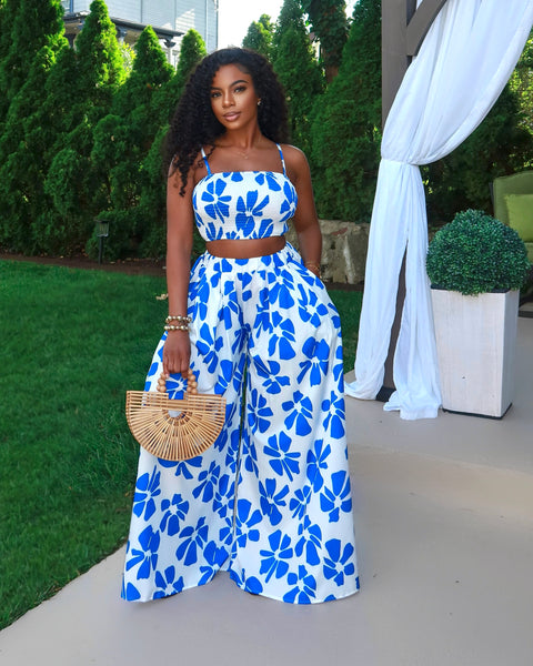 Moya Flower Print Pants Set (Blue)
